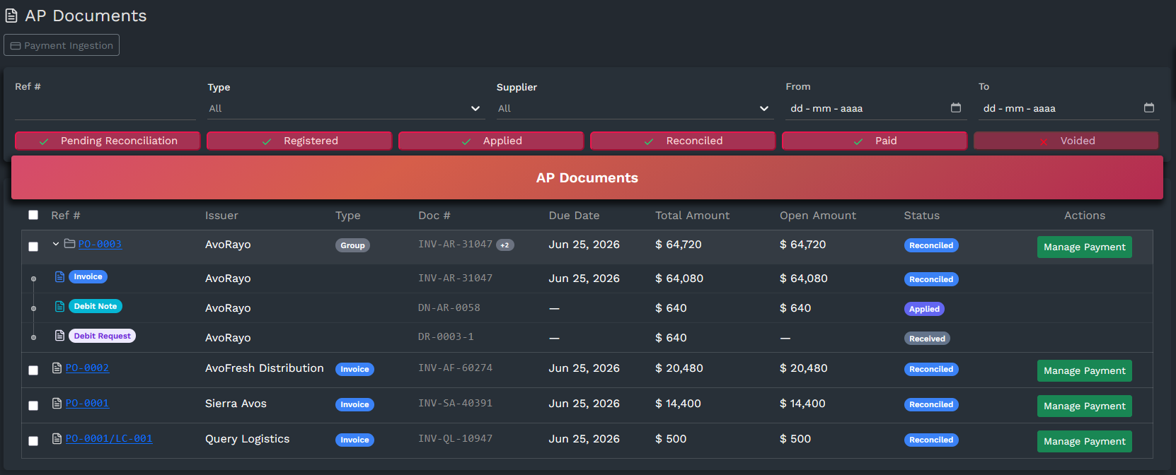 SLAKPI AP Documents screen: status filters Pending Reconciliation, Registered, Applied, Reconciled, Paid and Voided above supplier documents grouped by PO, including an invoice, a debit note and a debit request, with due date, total amount, open amount and status