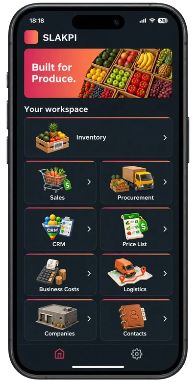 SLAKPI mobile app workspace with Inventory, Sales, Procurement, CRM, Price List, Business Costs, Logistics, Companies and Contacts.