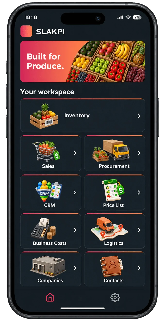 SLAKPI Fresh Produce Software mobile app home screen on a phone: inventory, sales, procurement, CRM, price list, business costs, logistics, companies and contacts