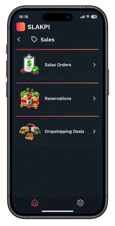 SLAKPI mobile app Sales menu with Sales Orders, Reservations and Dropshipping Deals.
