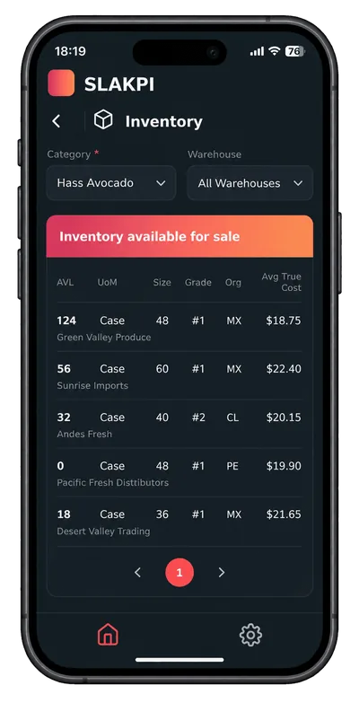 SLAKPI mobile app Inventory screen listing Hass avocado cases available for sale by size, grade, origin and average true cost.