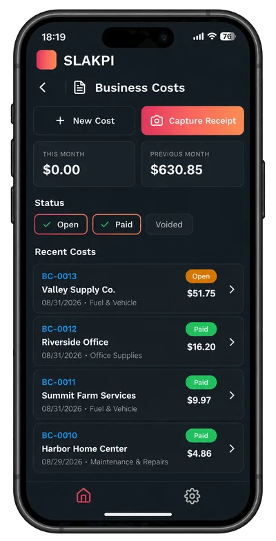 SLAKPI mobile app Business Costs screen with monthly totals, a Capture Receipt button and recent costs marked open or paid.