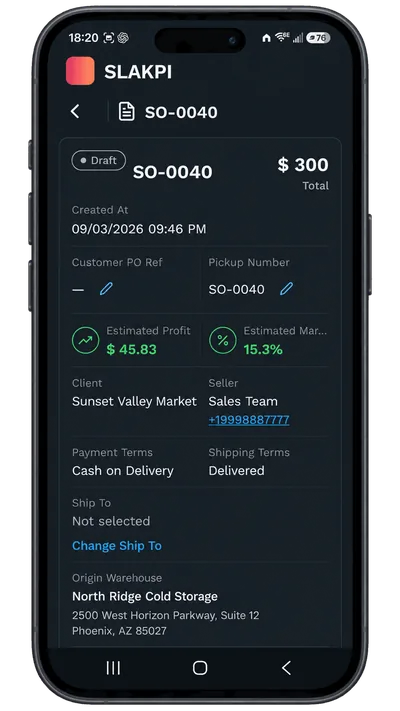 SLAKPI mobile app sales order SO-0040 with its total, estimated profit and margin, client, payment terms and origin warehouse.