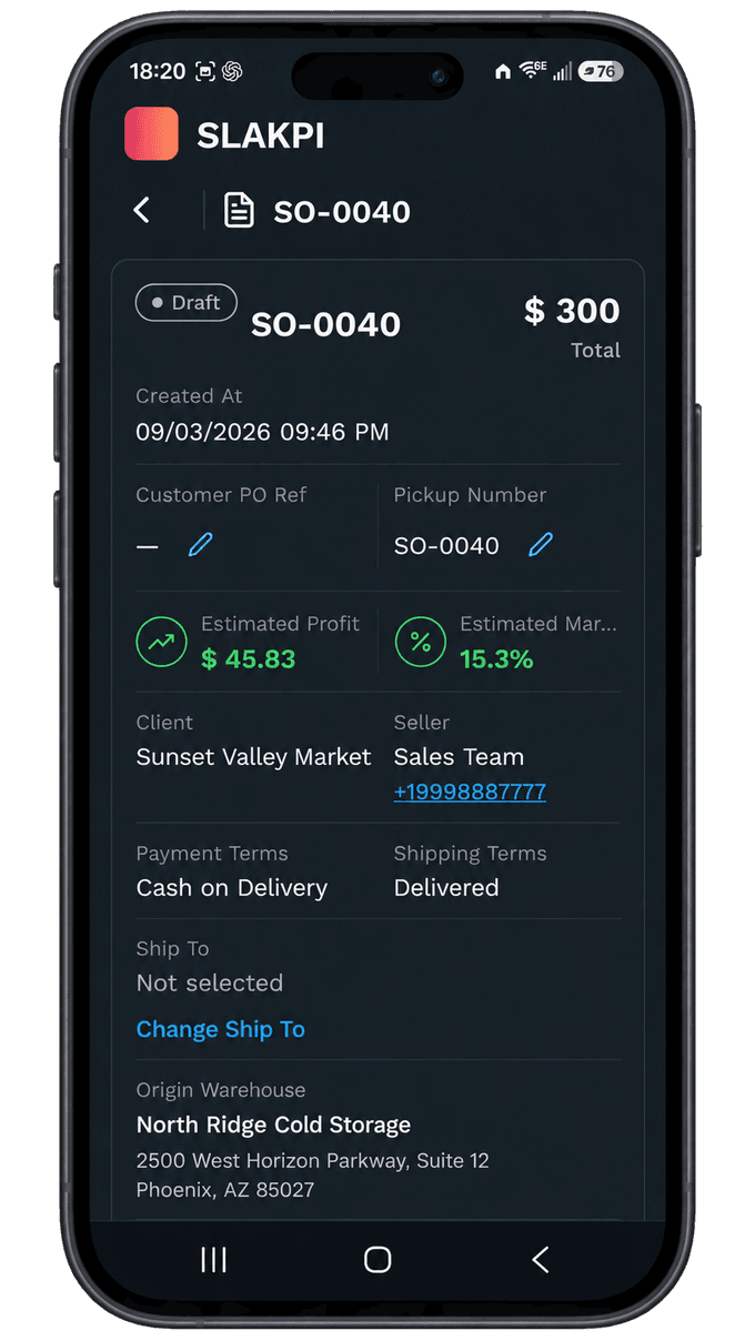SLAKPI mobile app, sales order SO-0040 in Draft: total, estimated profit and margin, client, seller, payment terms, Delivered shipping terms and origin warehouse