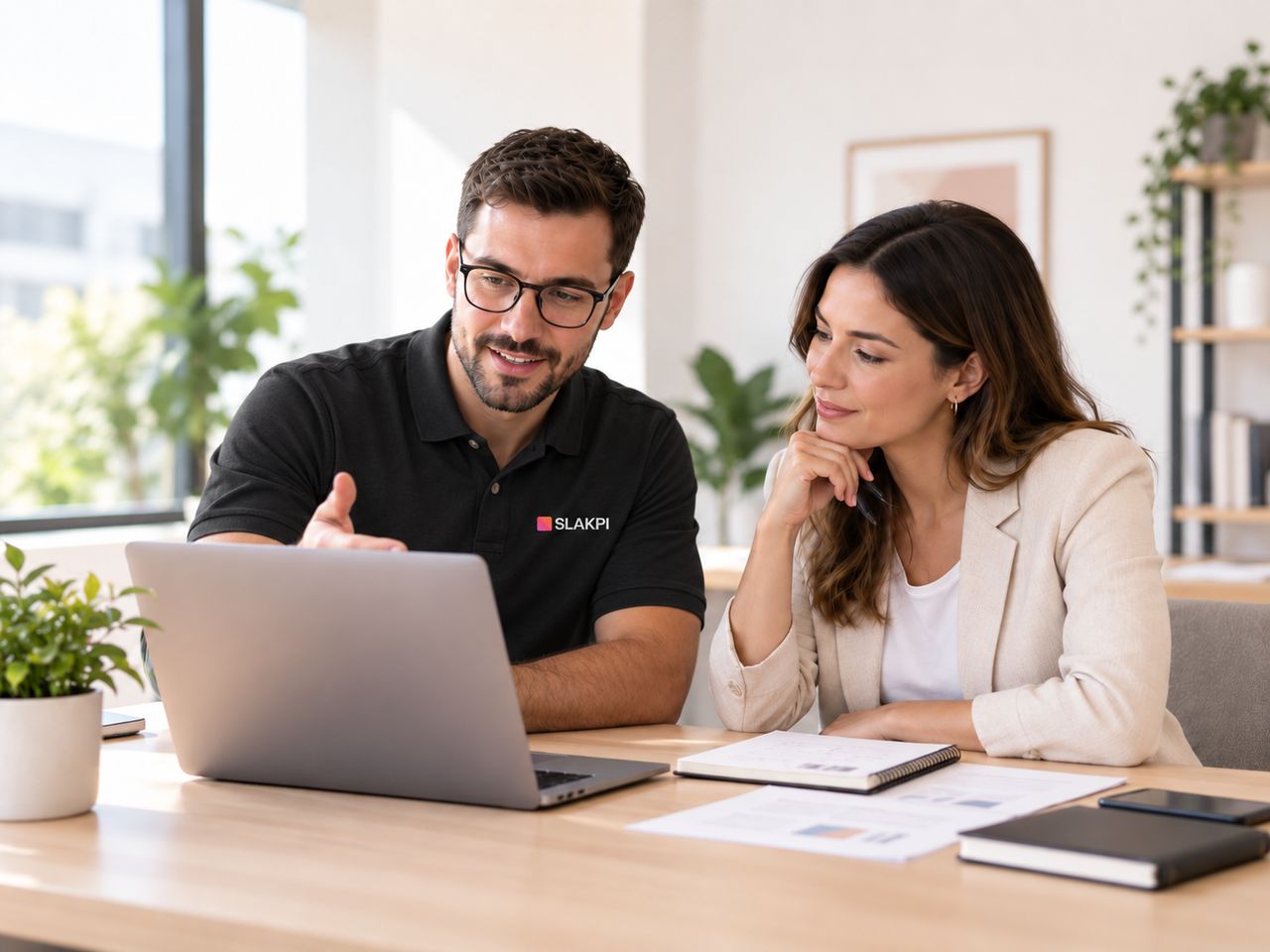 SLAKPI team member discussing software needs and business processes with a client during a collaborative planning session.