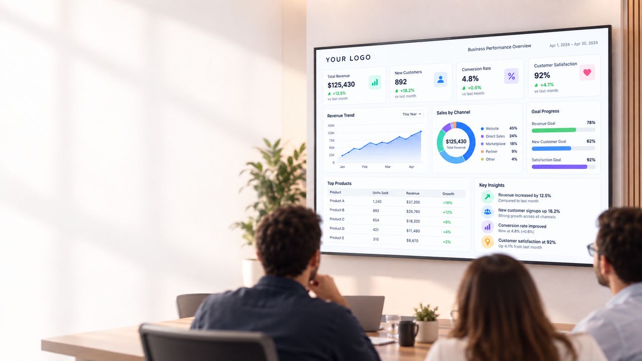Custom business dashboard displaying KPIs, charts, tables and progress metrics for a client.