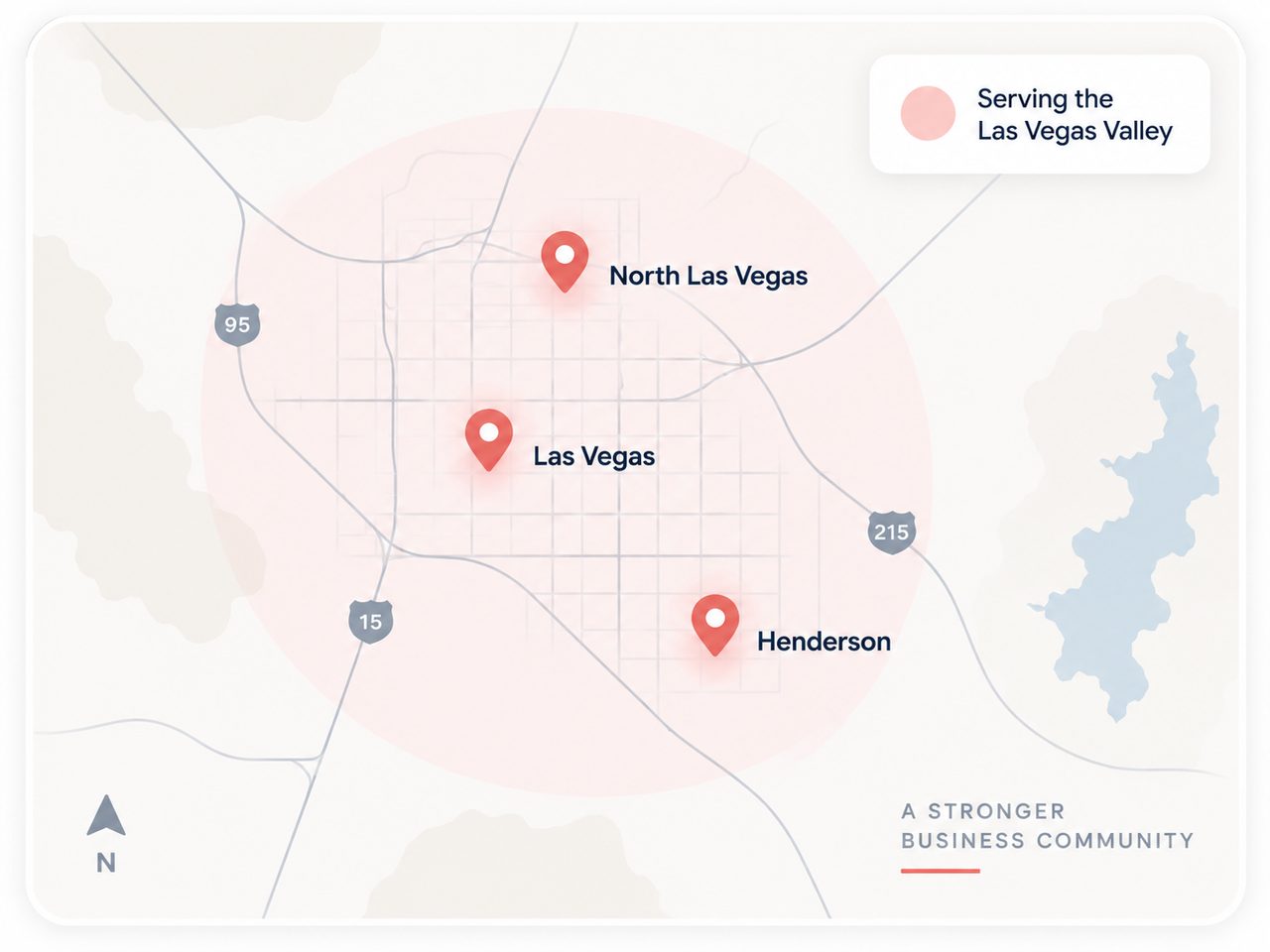 Map of the Las Vegas Valley with pins on North Las Vegas, Las Vegas and Henderson inside the SLAKPI IT support service area.