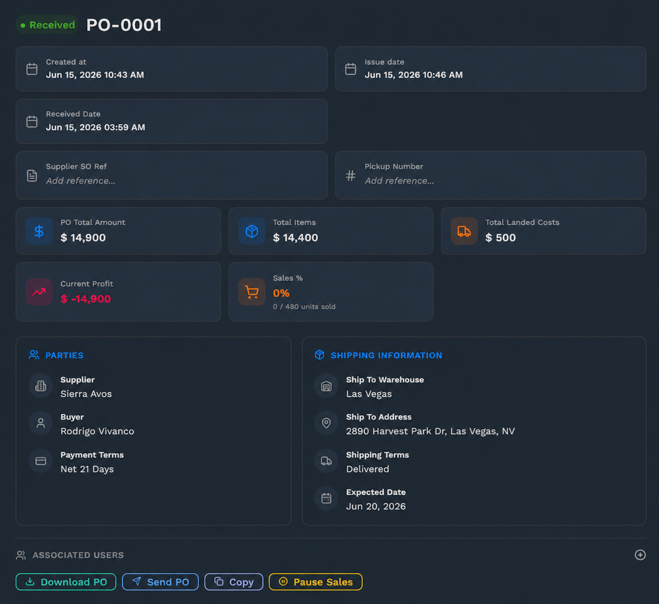 SLAKPI purchase order screen: PO-0001 in Received status with PO total amount, total items, total landed costs, sales progress, supplier, payment terms and shipping information