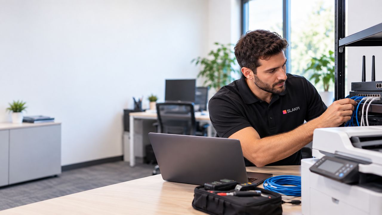 SLAKPI technician providing On-Demand IT Support for small business office networking and printer equipment in the Las Vegas Valley.