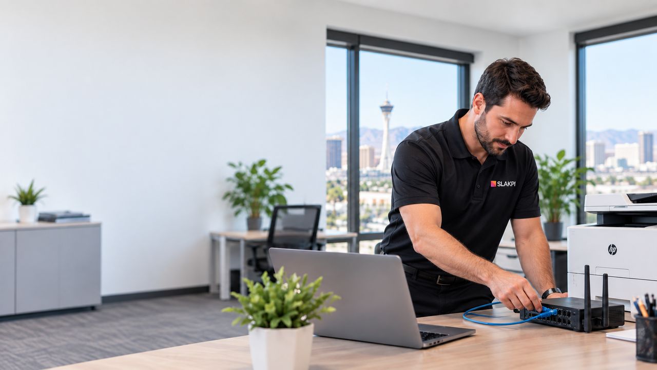 SLAKPI technician setting up a small business network router next to a laptop and office printer in a Las Vegas office.