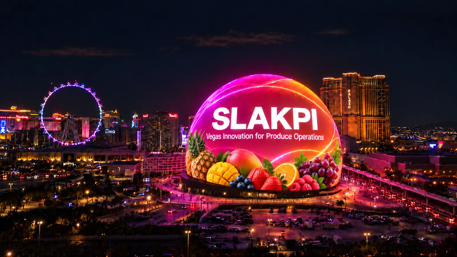SLAKPI sphere over the Las Vegas skyline