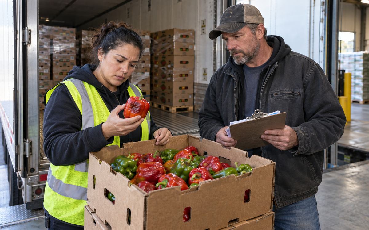 Warehouse receiver inspects a damaged red bell pepper beside a truck driver holding delivery paperwork