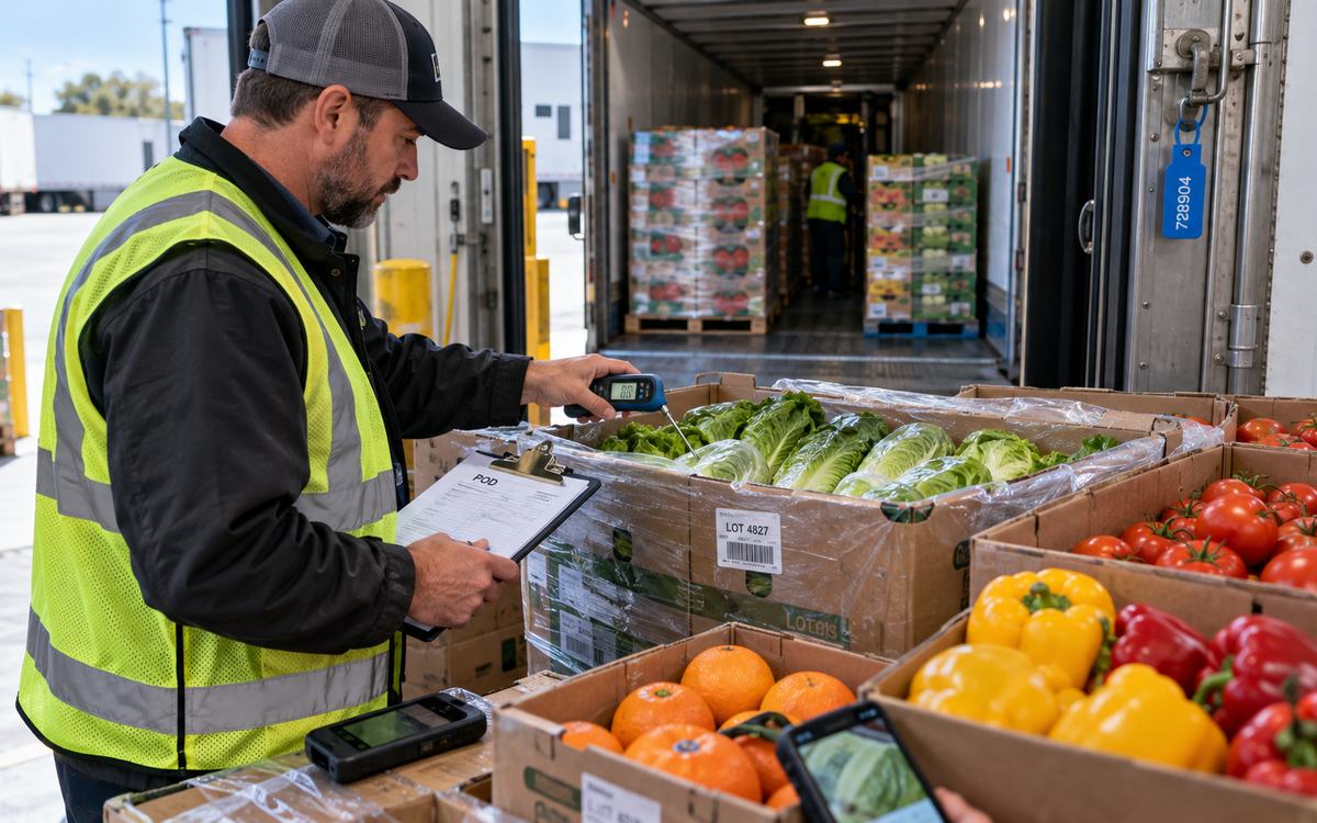 Fresh produce receiver checking product temperature and documenting a shipment at a refrigerated truck before signing the POD.