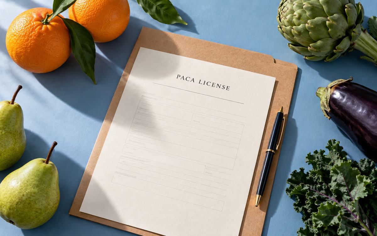 Overhead view of a document labeled “PACA License” and a pen surrounded by fresh fruits and vegetables on a blue surface.