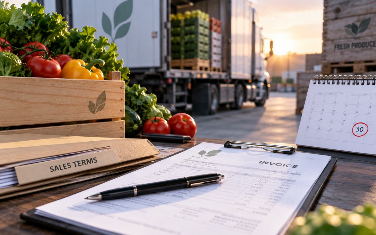 Produce shipment beside an invoice, sales terms documents, and a calendar marking a 30-day deadline