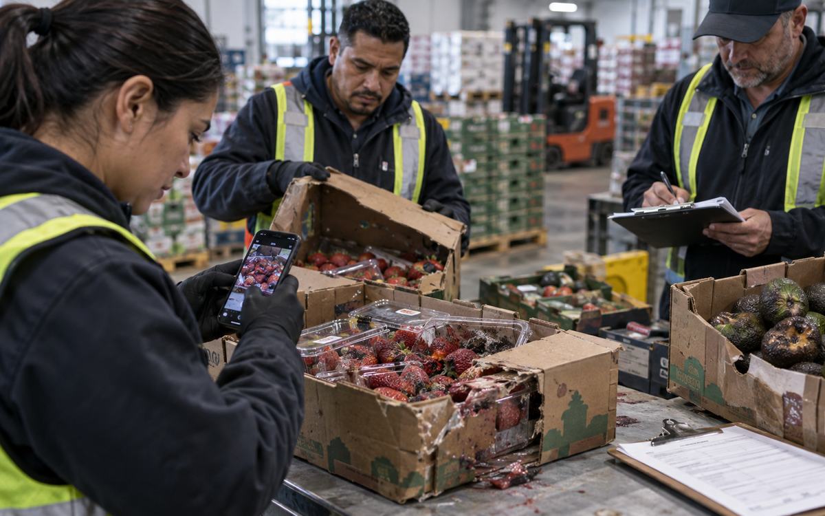 Produce warehouse staff documenting damaged berries and avocados during a receiving inspection