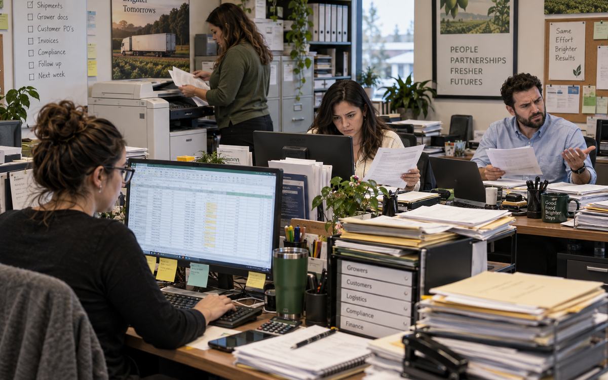 Administrative team in a fresh produce office working with documents, spreadsheets, filing cabinets, and a printer in a busy work environment.