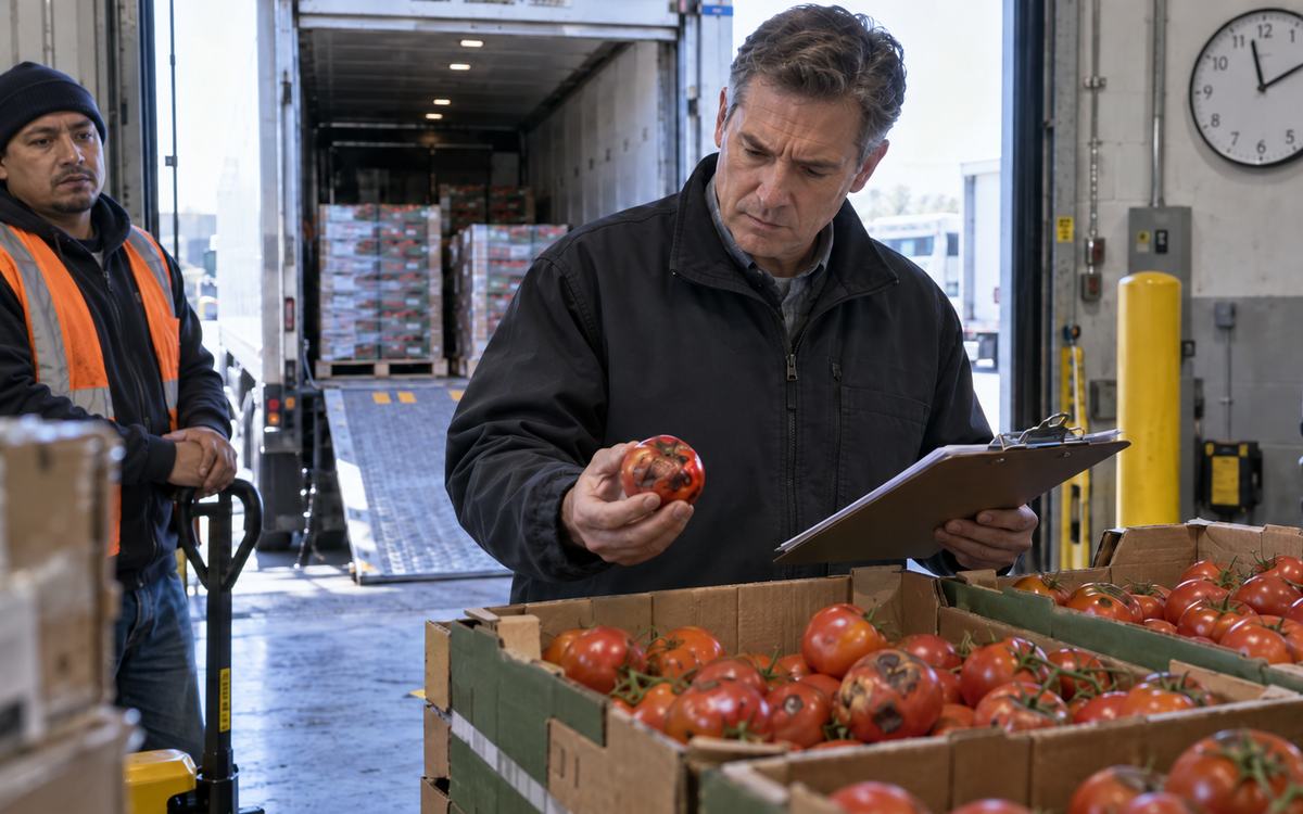 Produce inspector examining damaged tomatoes at a warehouse receiving dock while reviewing the shipment paperwork.