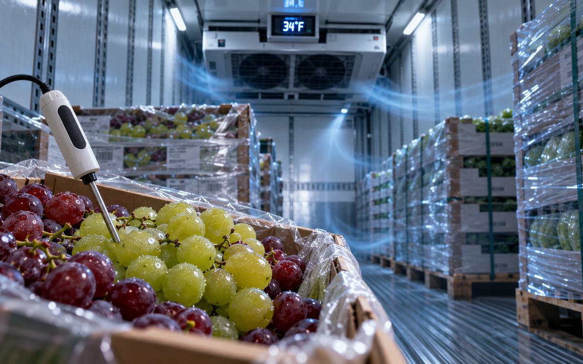Temperature probe inserted into fresh grapes inside a refrigerated trailer with cold airflow and a reefer display showing 34°F.