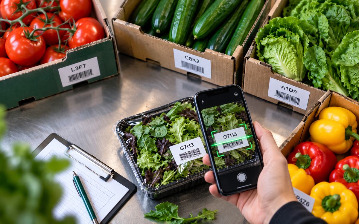 Fresh produce cartons with lot-code labels while a smartphone scans a barcode on packaged leafy greens.