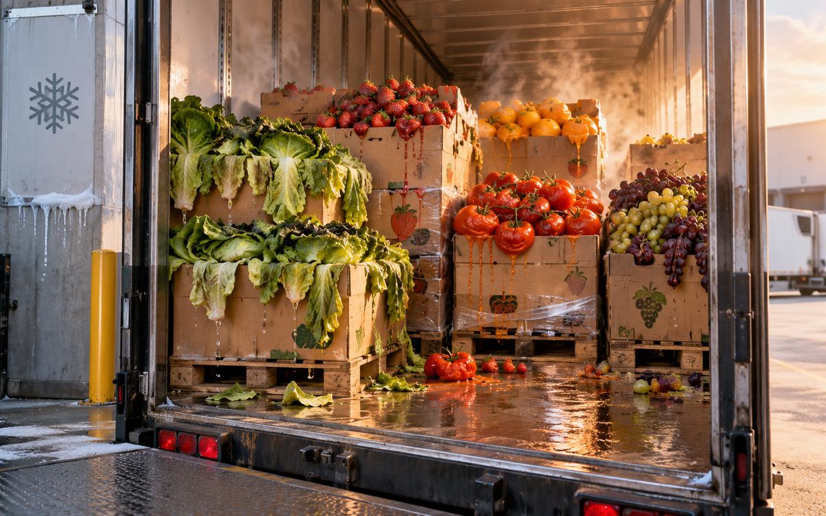 Wilted lettuce, soft tomatoes, strawberries, citrus, and grapes appear to melt inside an overheated refrigerated produce trailer.